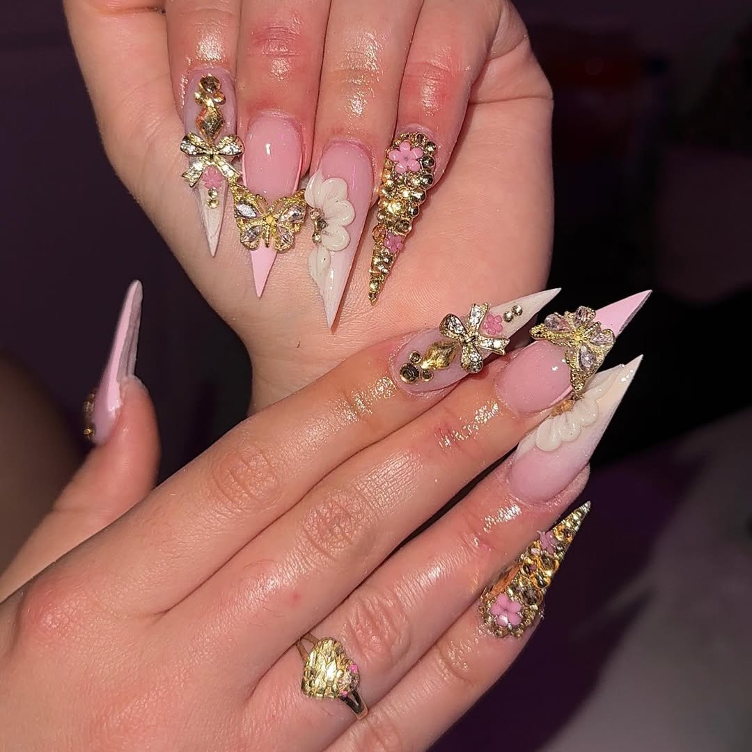 Embellished Pink Stiletto Nails