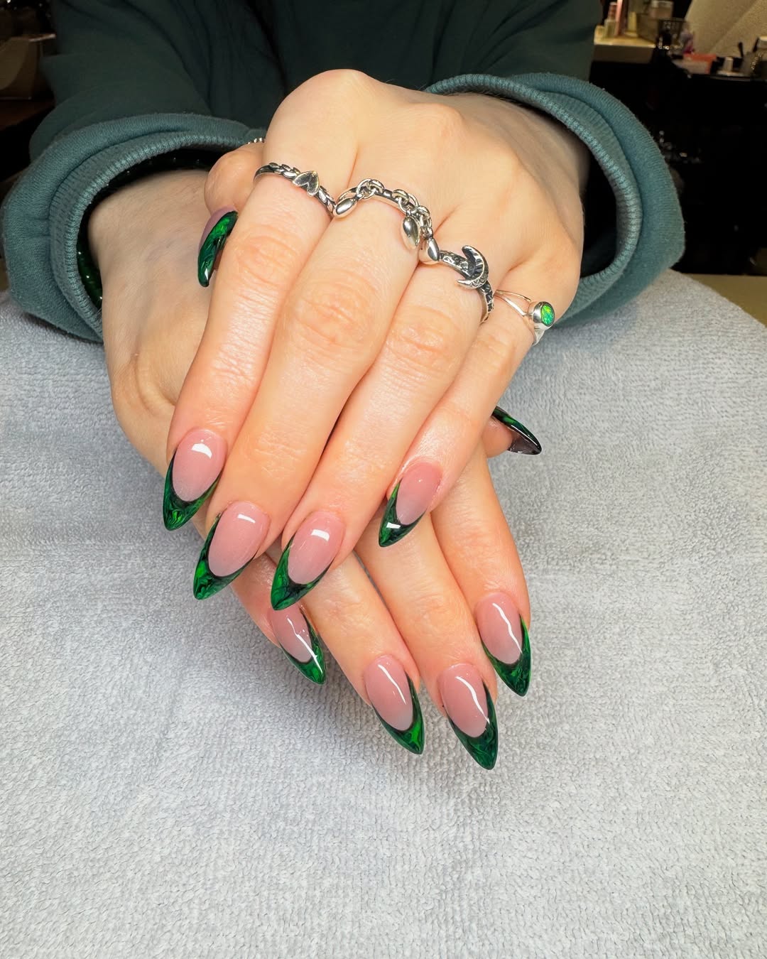 Emerald Marble French Almond Nails