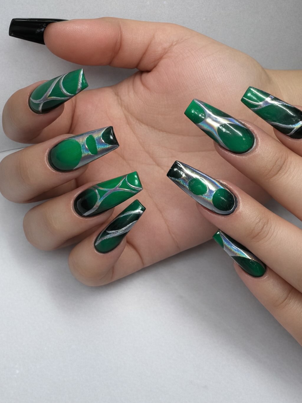 Emerald and Holographic Silver Coffin Nails