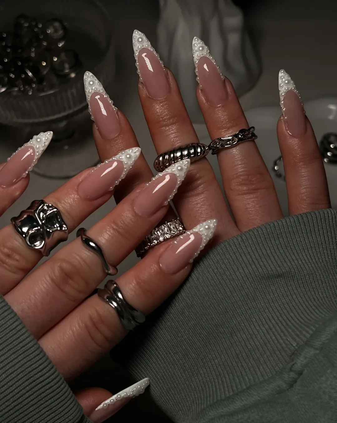 Encrusted Pearl French Tips