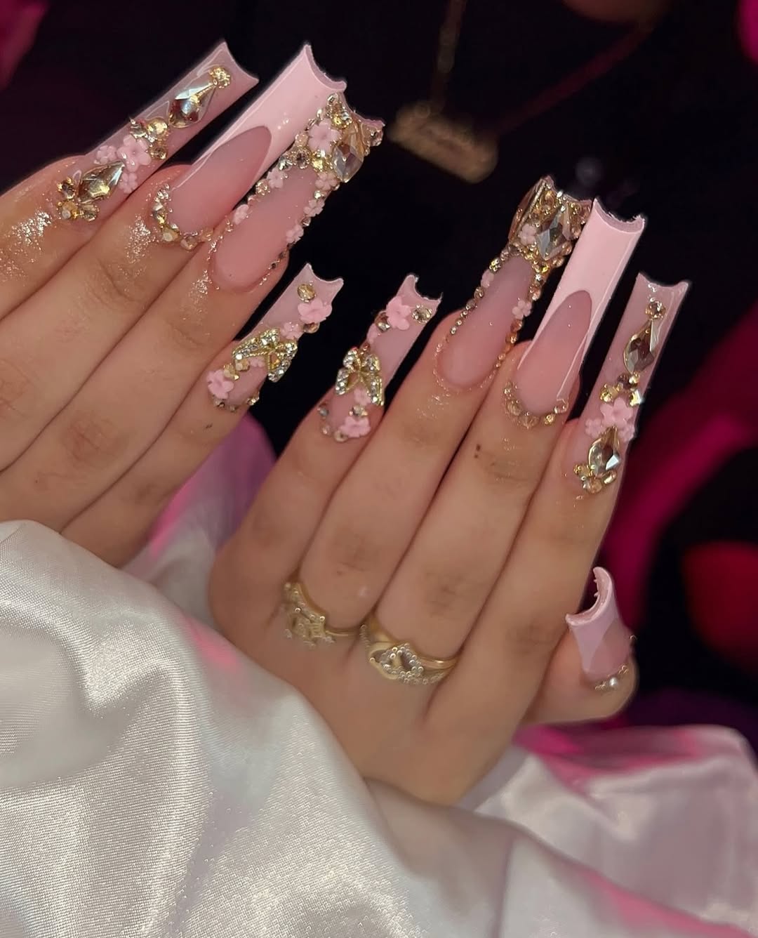 Extravagant Pink and Gold Square Nails