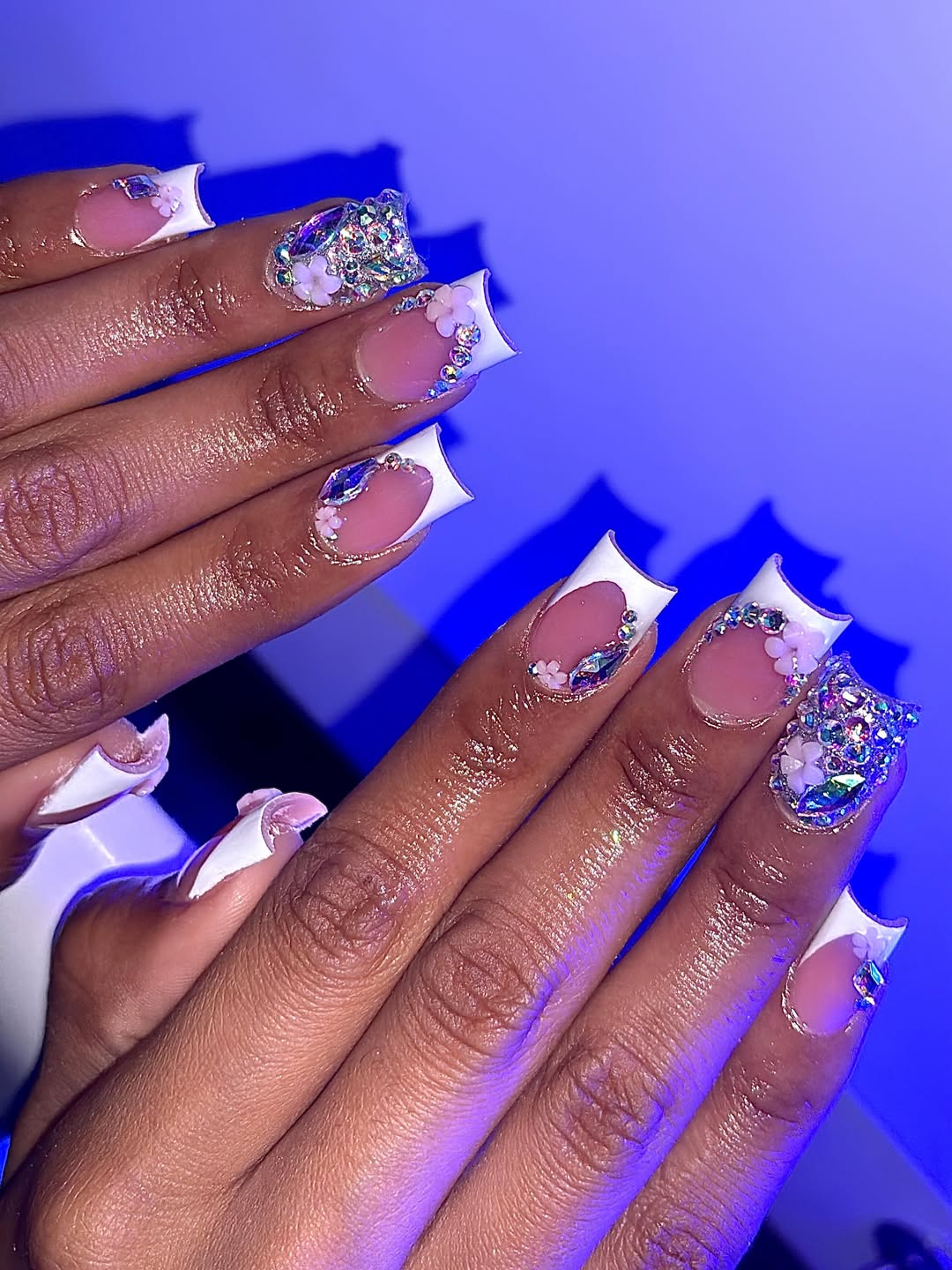Flared White and Crystal Blossom Nails
