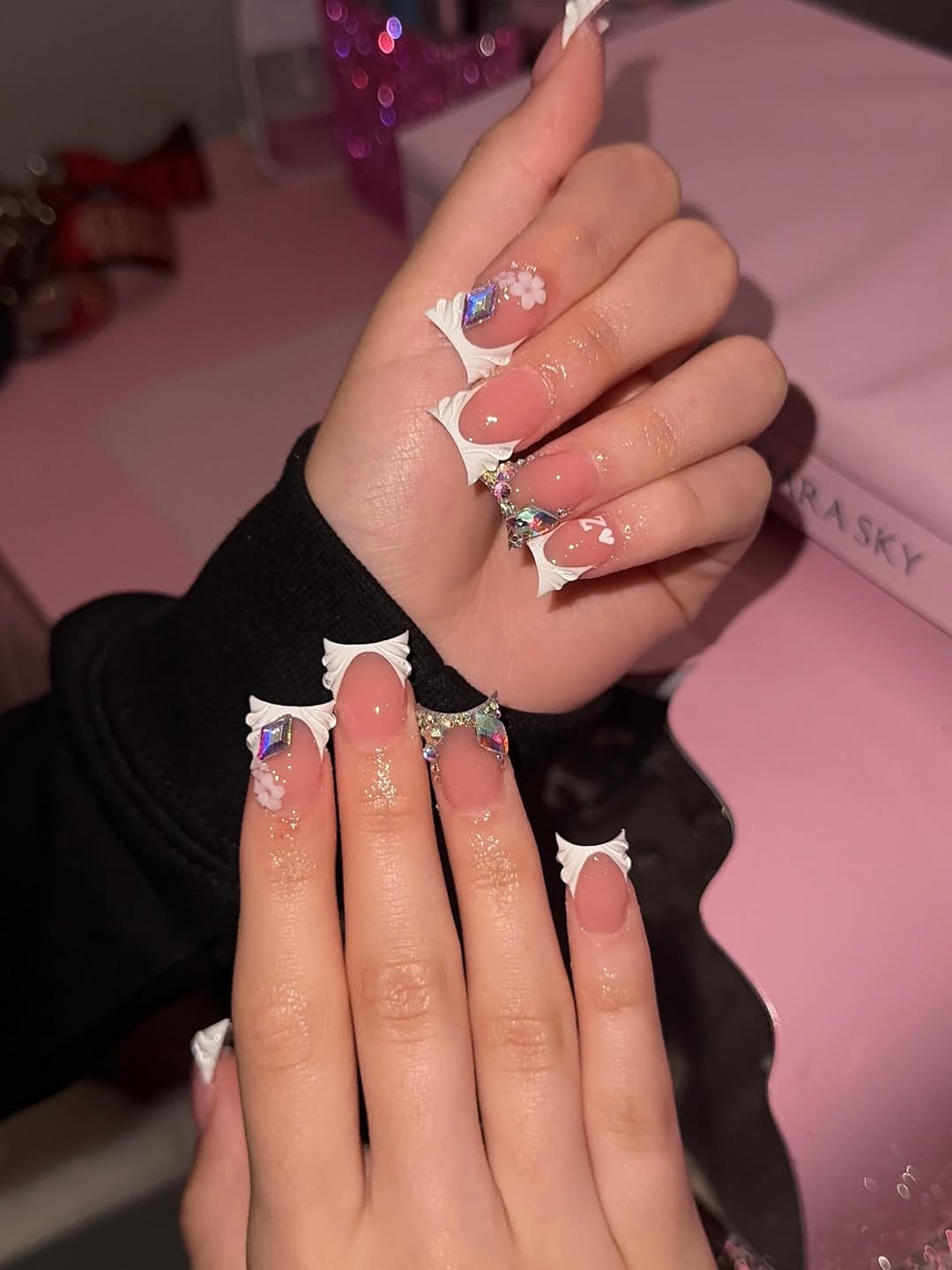 Flared White and Crystal Duck Nails