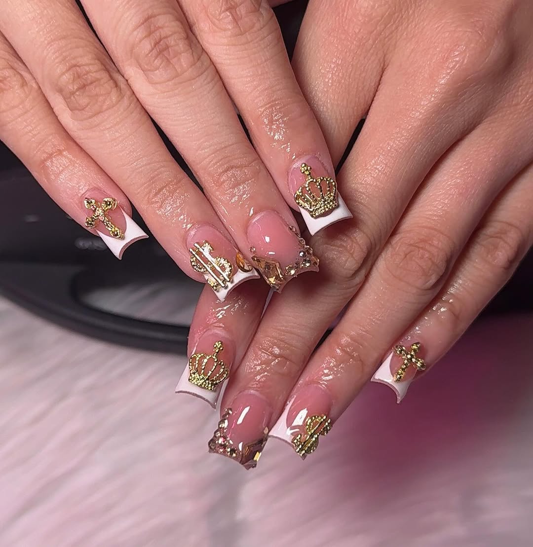 French Tips with Royal Gold Charms