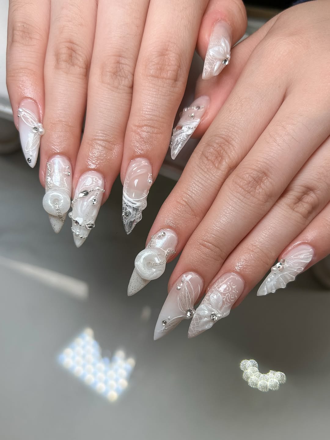 Frosty Lace and Pearl Stiletto Nails
