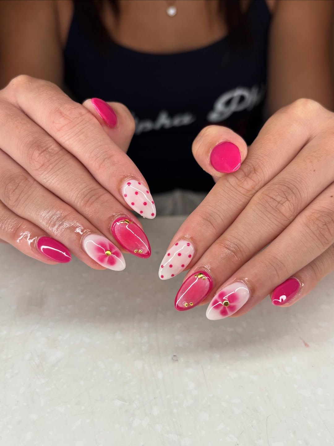 Fuchsia Polka Dot and Blossom Nails