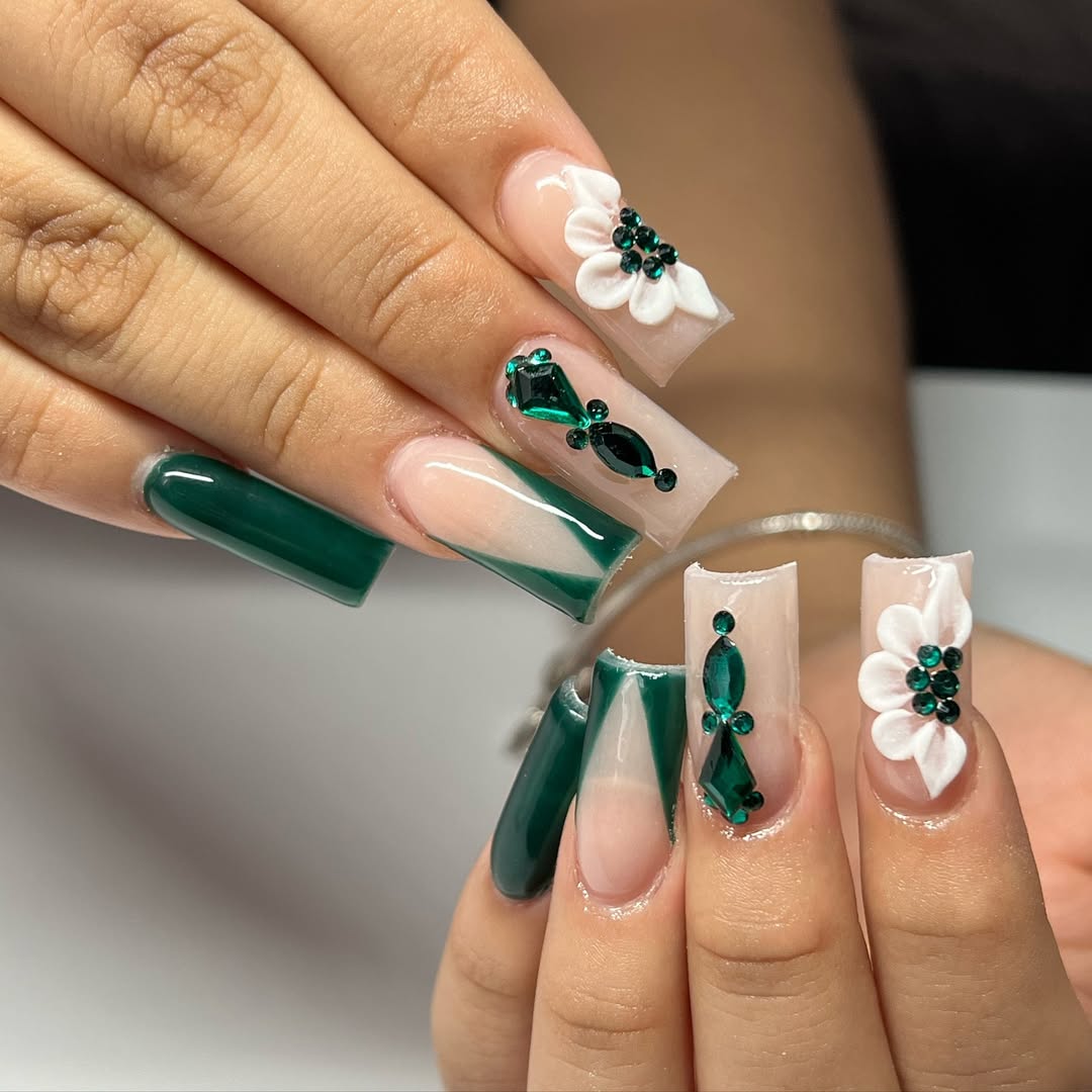 Geometric Glossy Green Nails
