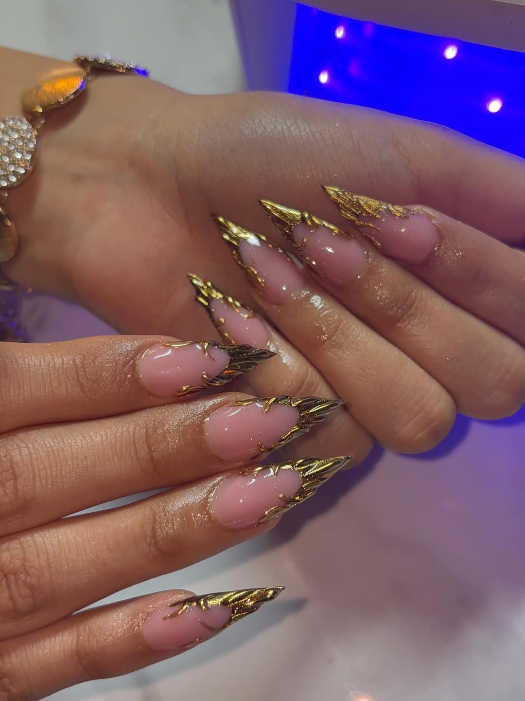 Gilded Pink Stiletto Nails
