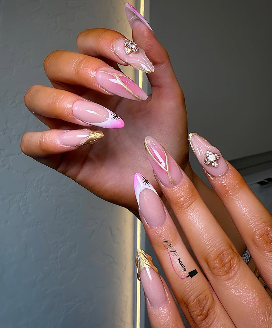 Gold Chrome And Pink Almond Nails