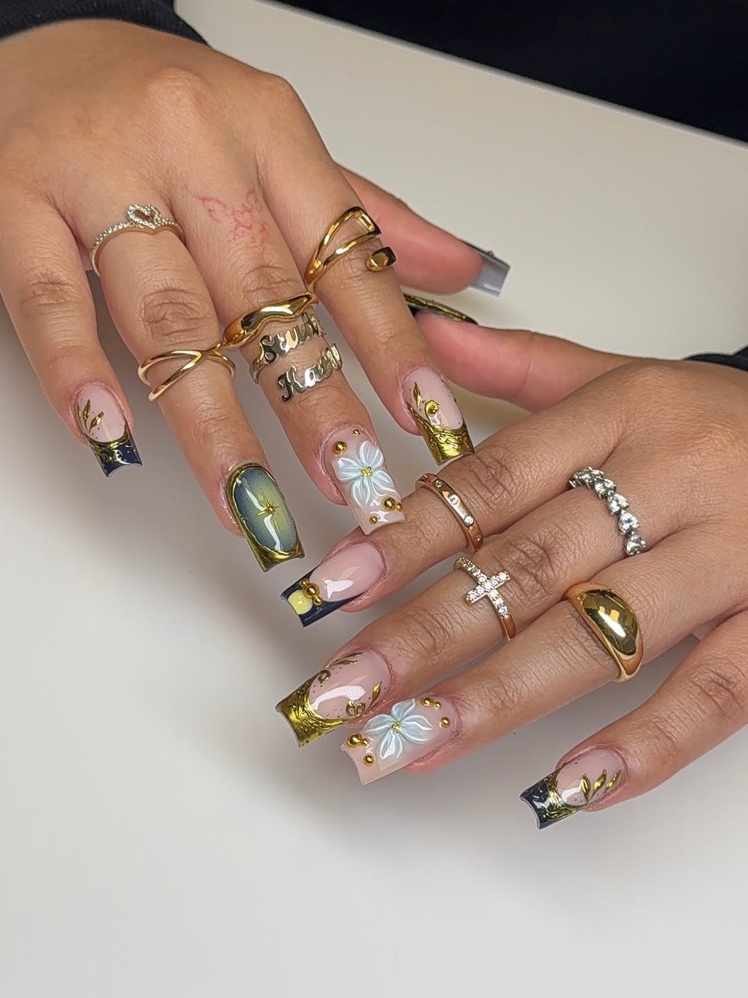 Gold Chrome and White Floral Square Nails