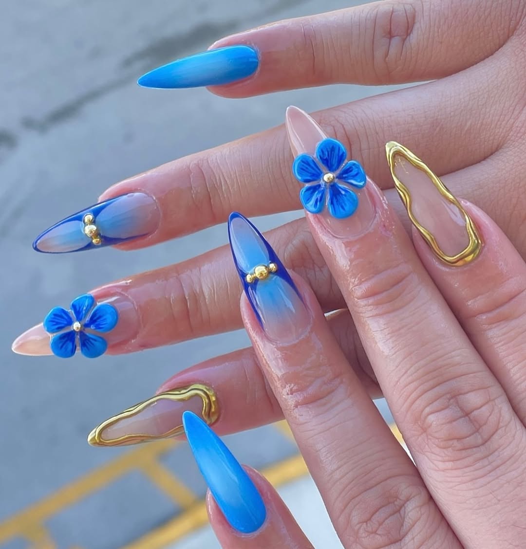 Gold Frame and Blue Flower Nails