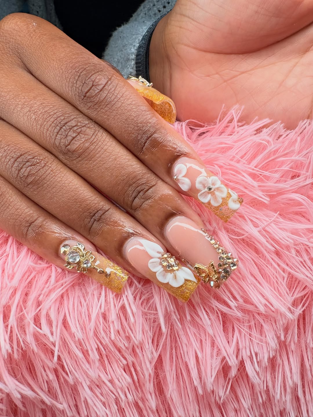Gold Glitter Tips with White Blossoms