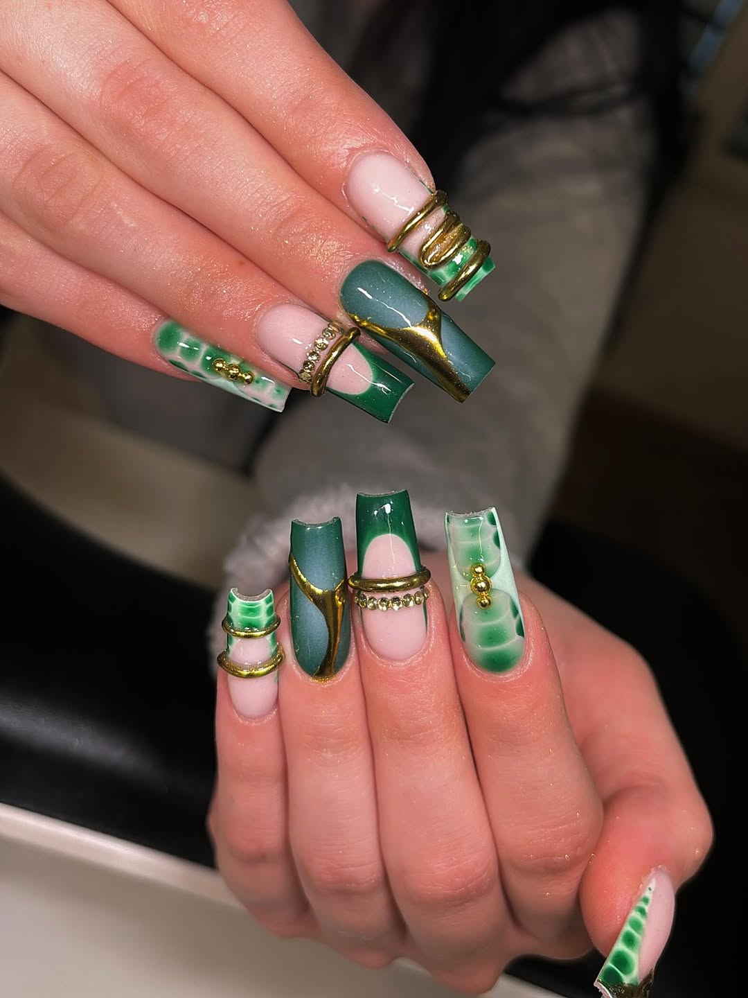 Green Crocodile and Molten Gold Square Nails