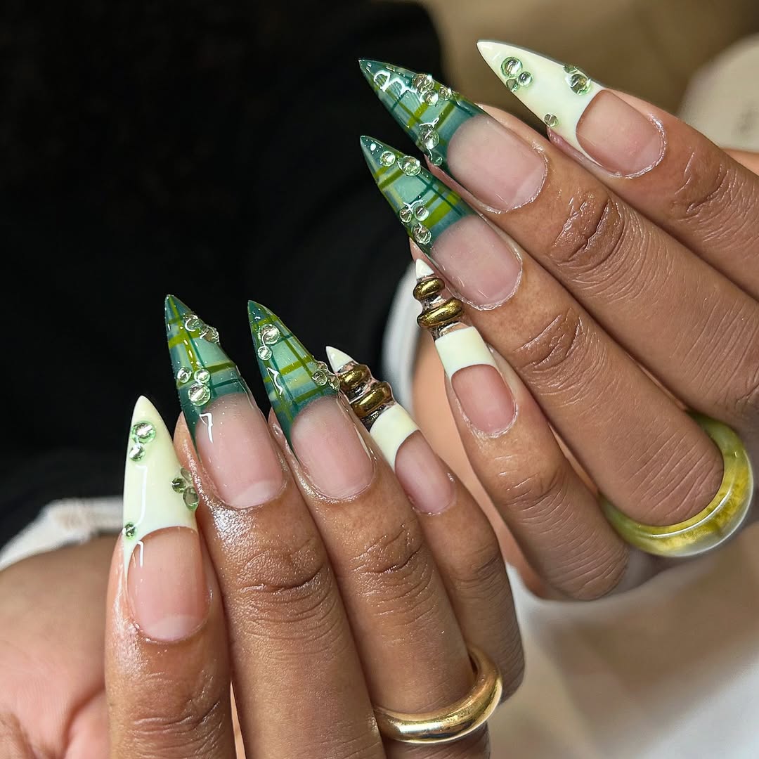 Green Plaid Stiletto Nails