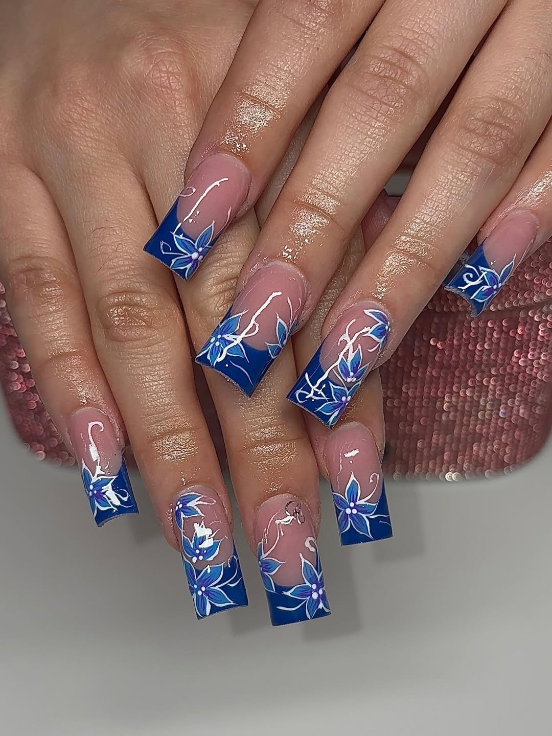 Hand Painted Blue Floral French Tips