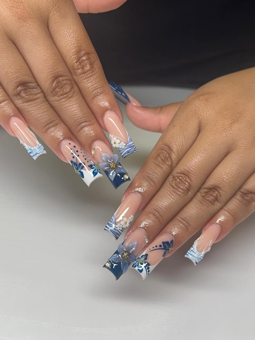 Intricate Blue Floral Square Nails