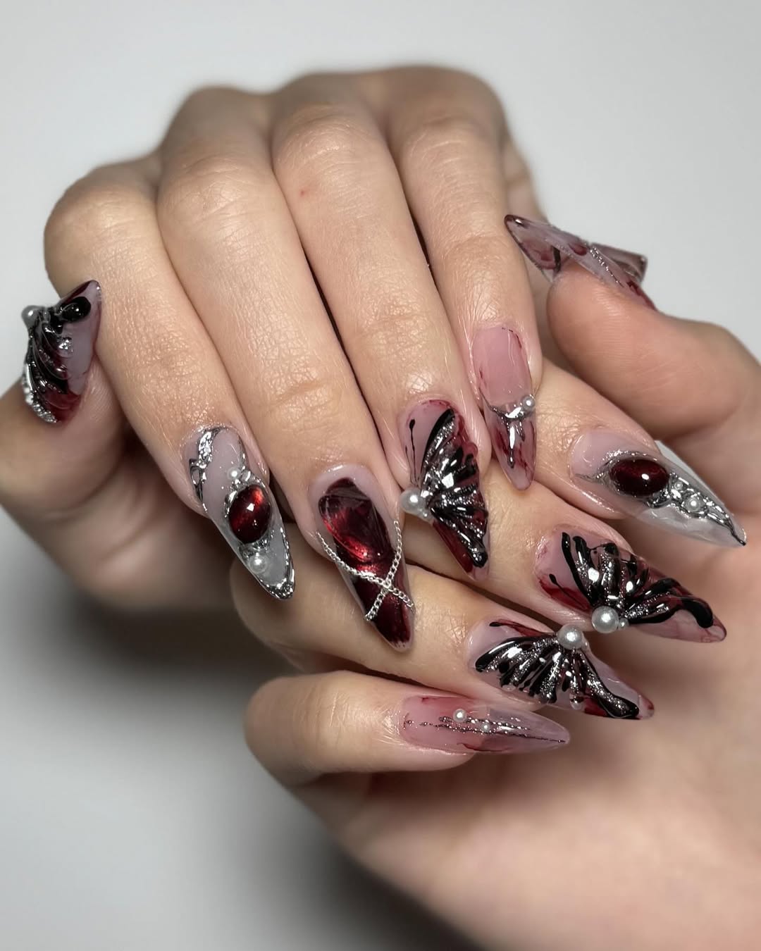 Intricate Goth Red Butterfly Nails