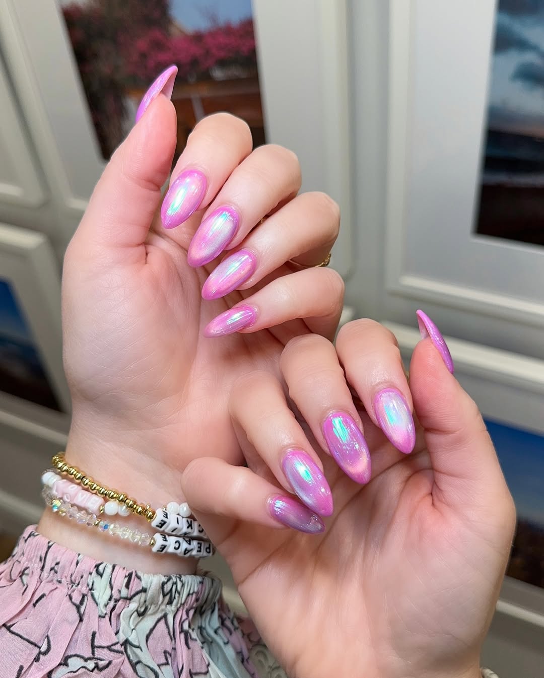 Iridescent Pink and Purple Almond Nails