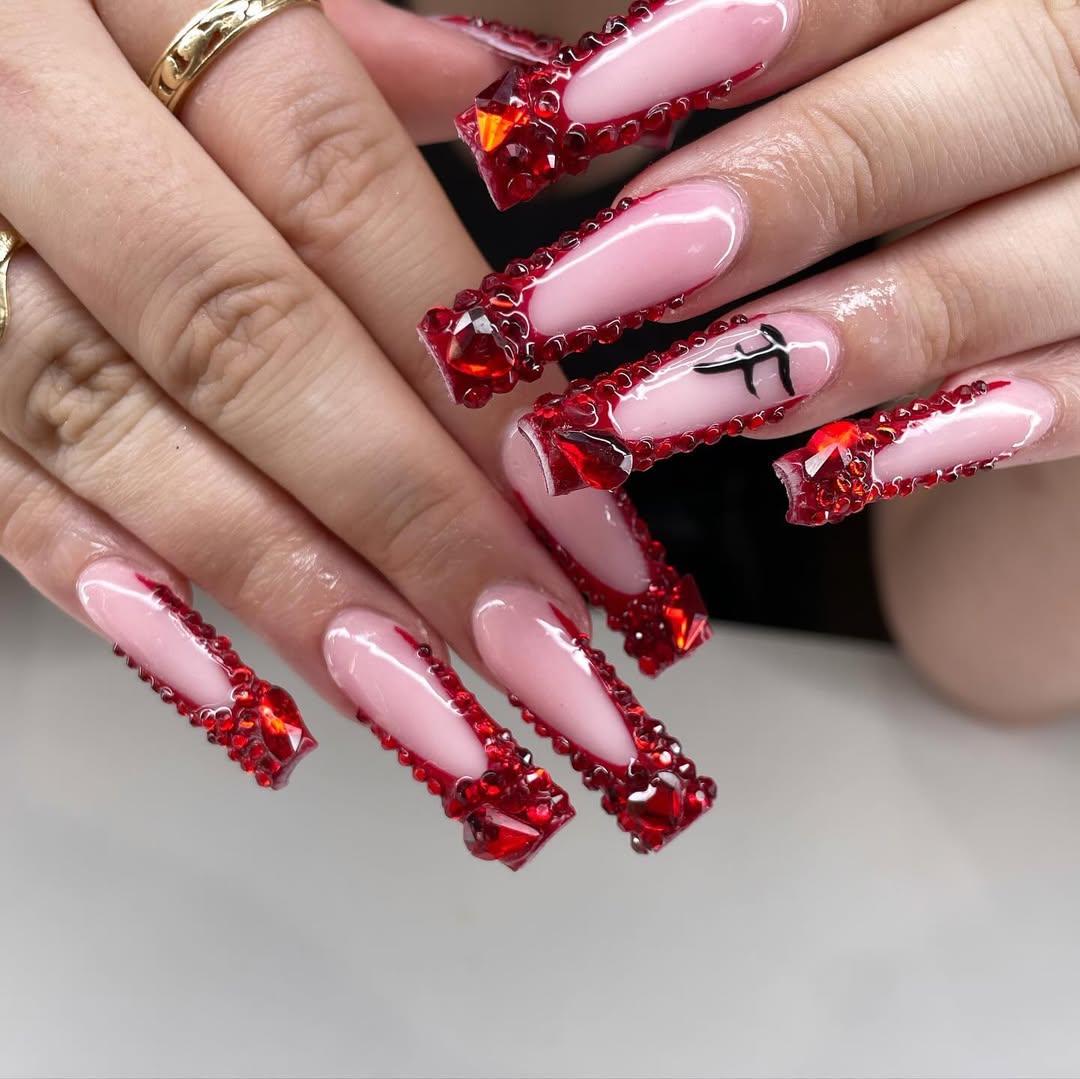 Jeweled Red Border French Tips