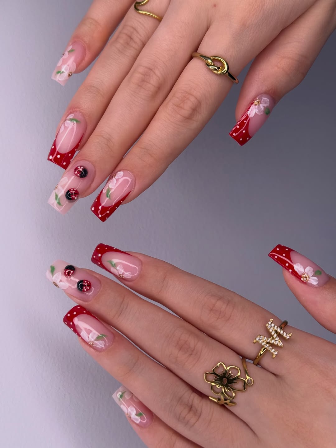 Ladybug Charms and Dotted French Tips