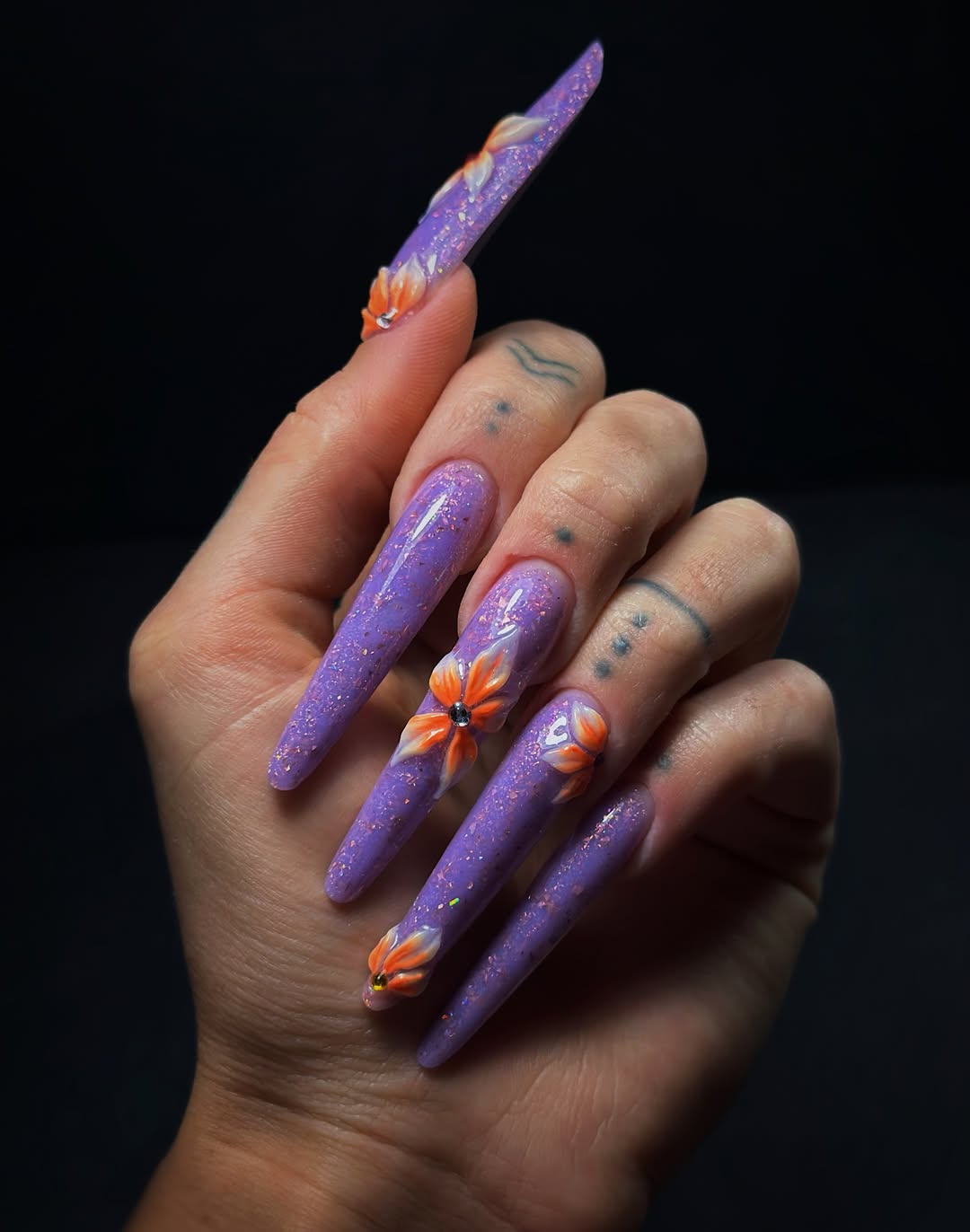 Lavender Glitter With Orange 3D Flowers