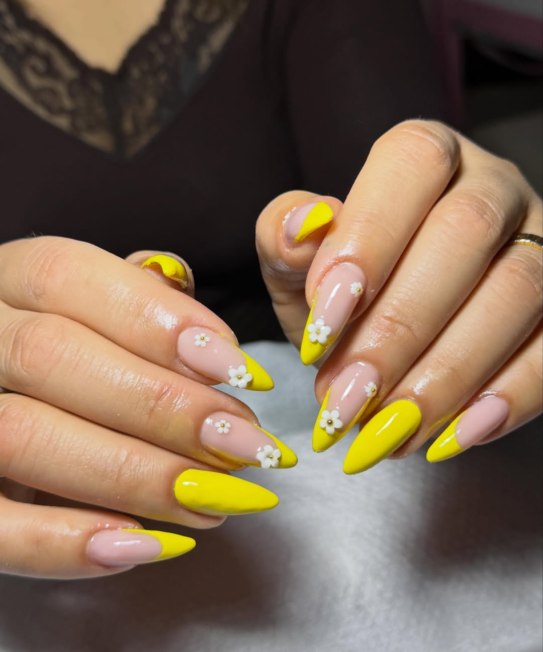Lemon Yellow Almond Nails with Small Flowers