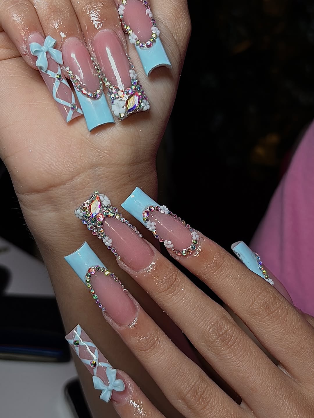 Light Blue Bow and Crystal Square Nails