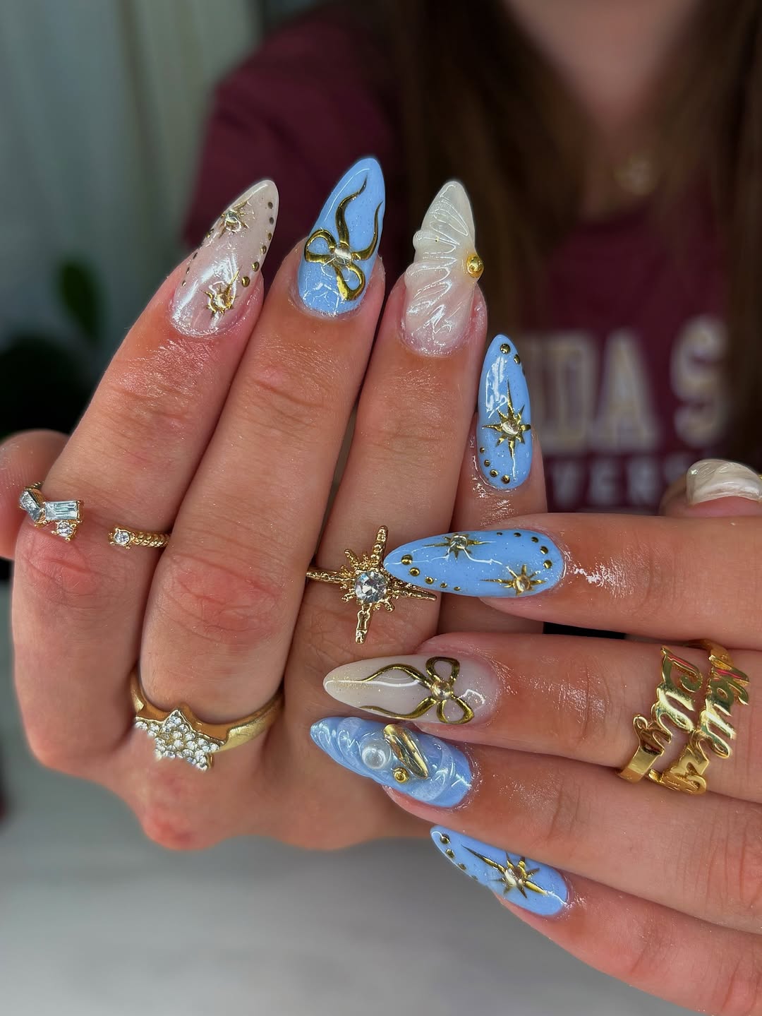 Light Blue and Gold Celestial Nails
