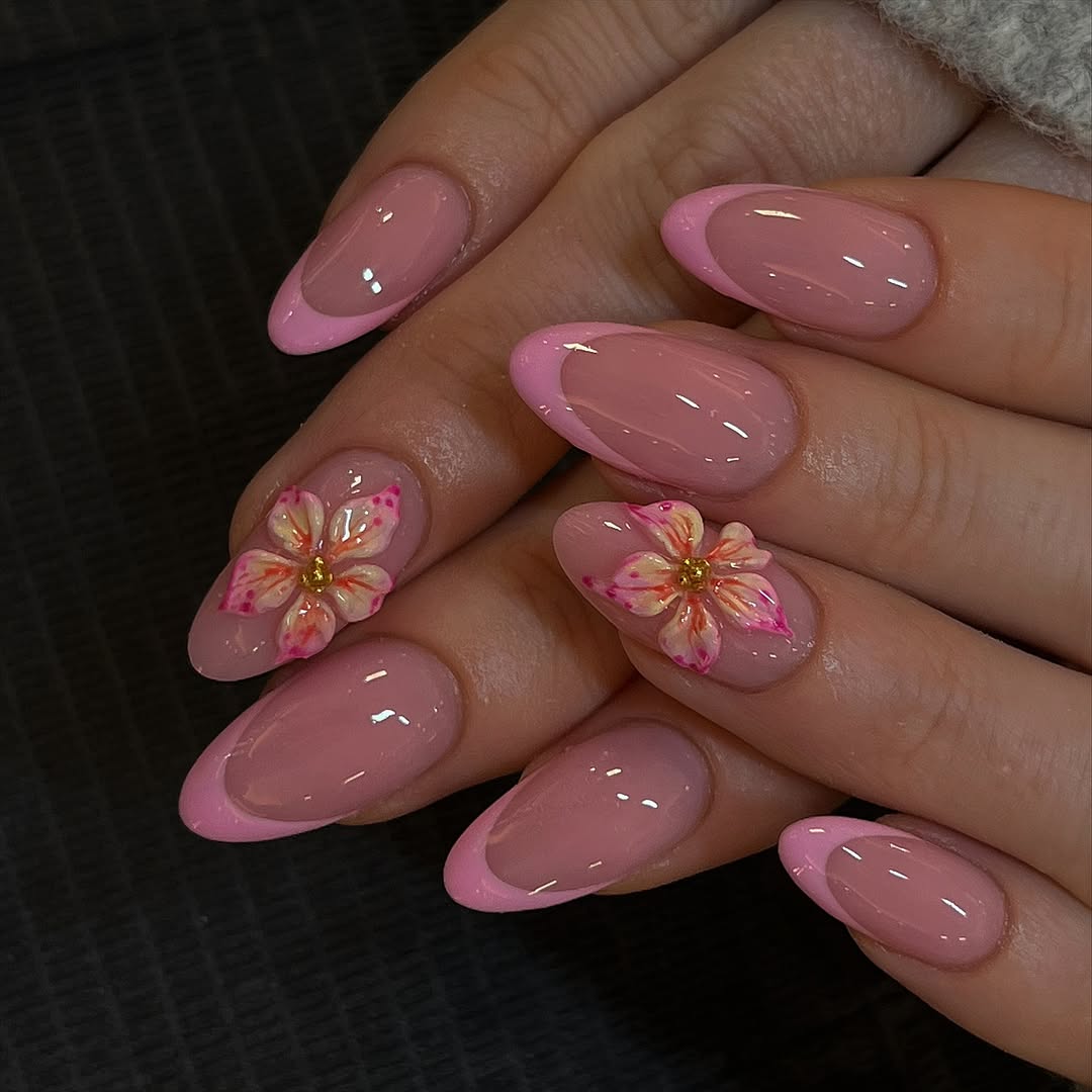 Light Pink French Tips and Detailed Flowers