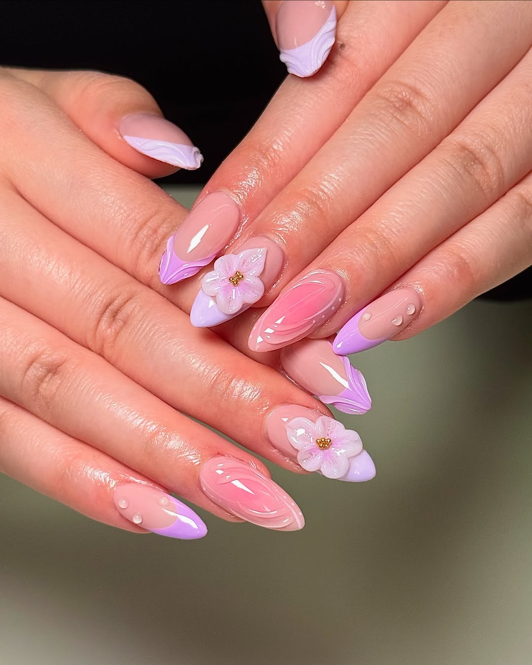 Lilac Tips and 3D Pink Blossom Nails