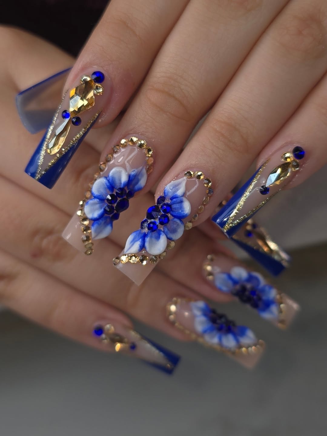 Long Blue and Gold 3D Floral Nails