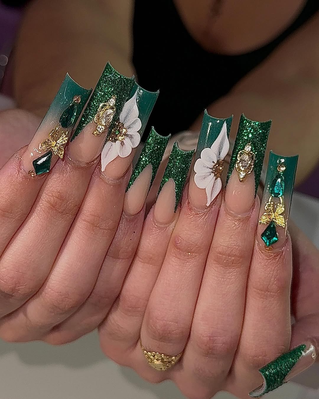 Long Emerald Jeweled Acrylics