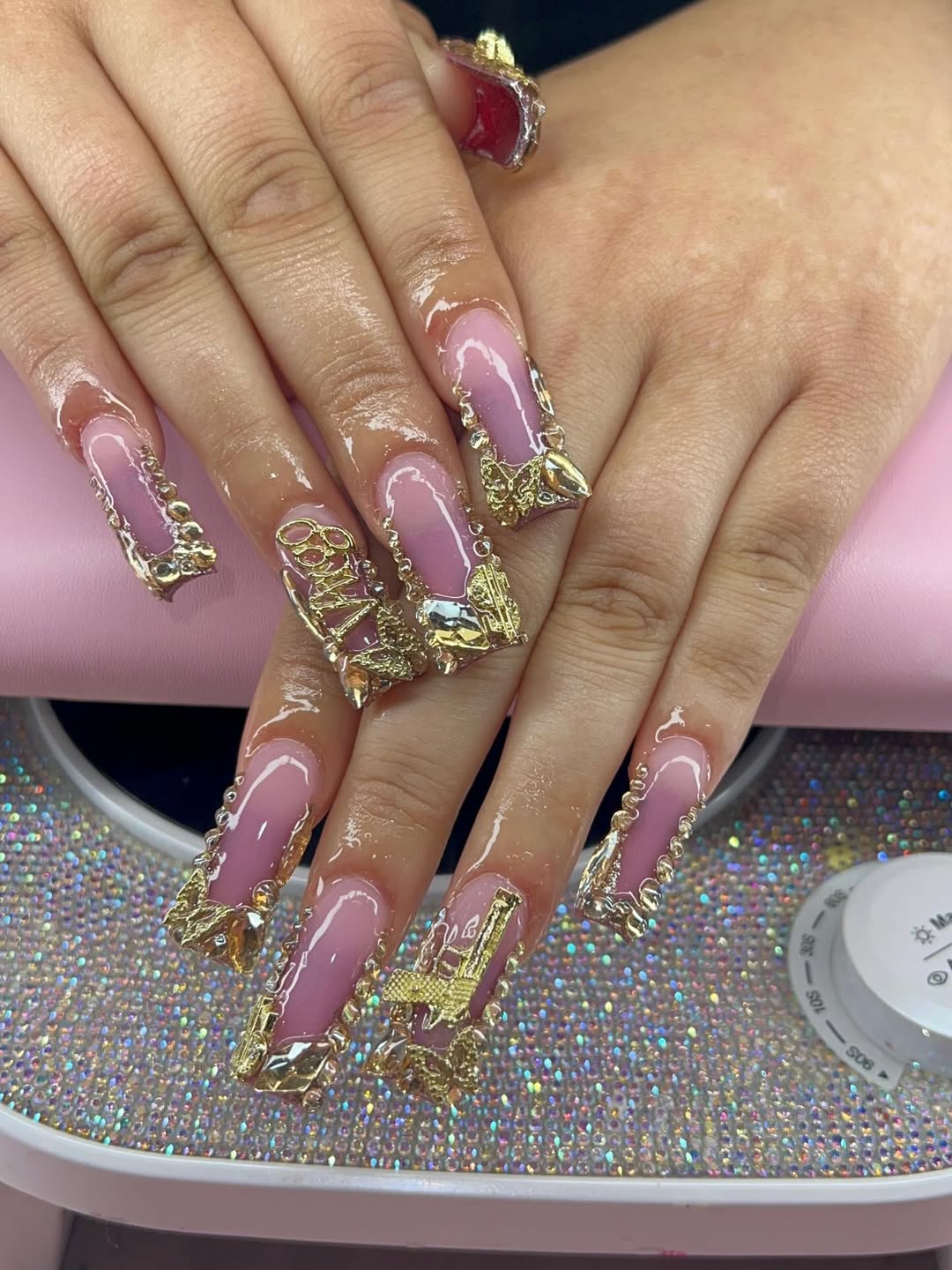 Long Pink Square Nails with Gold Charms