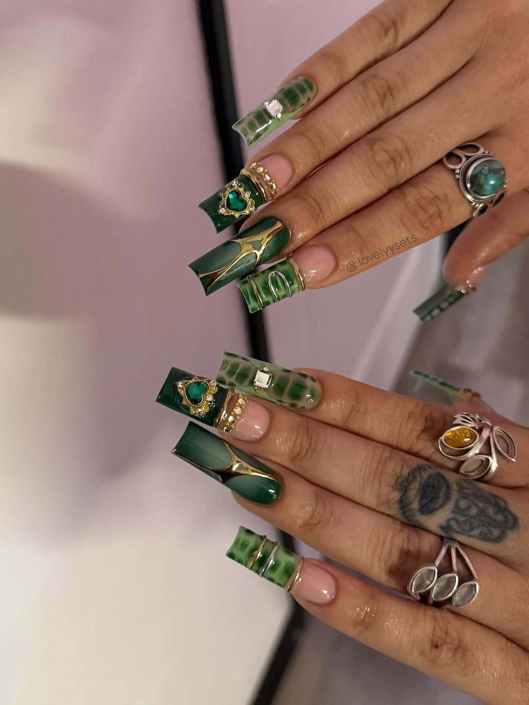 Long Square Emerald Animal Print and Charm Nails