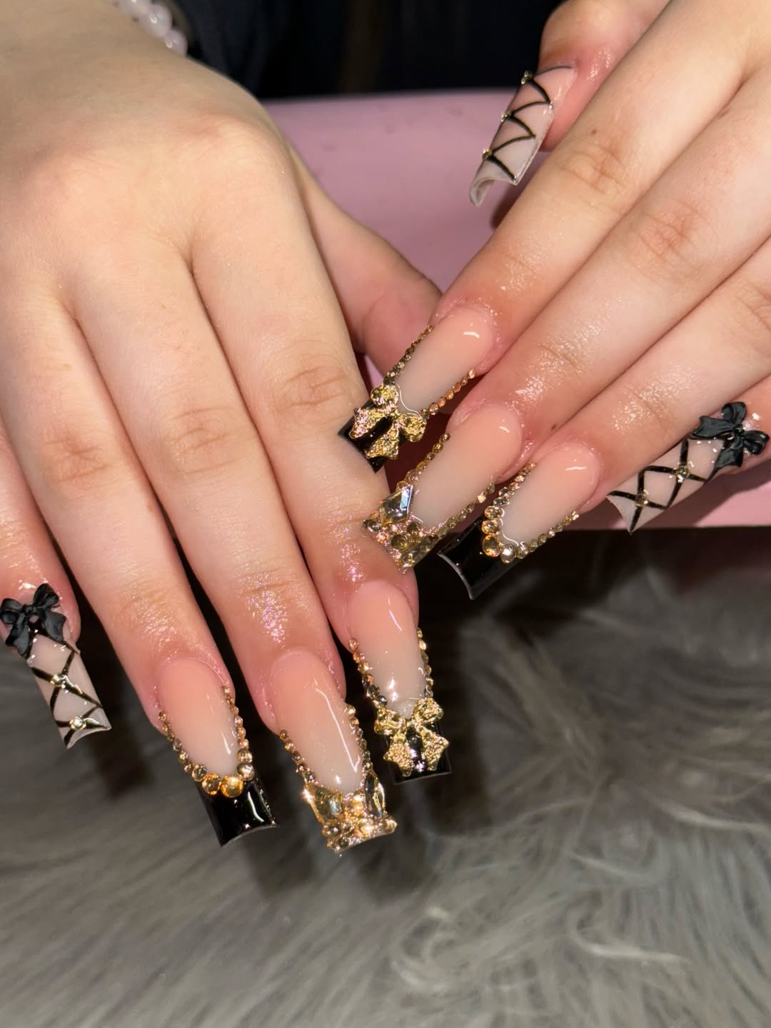 Long Square Manicure with Black Bows and Gems
