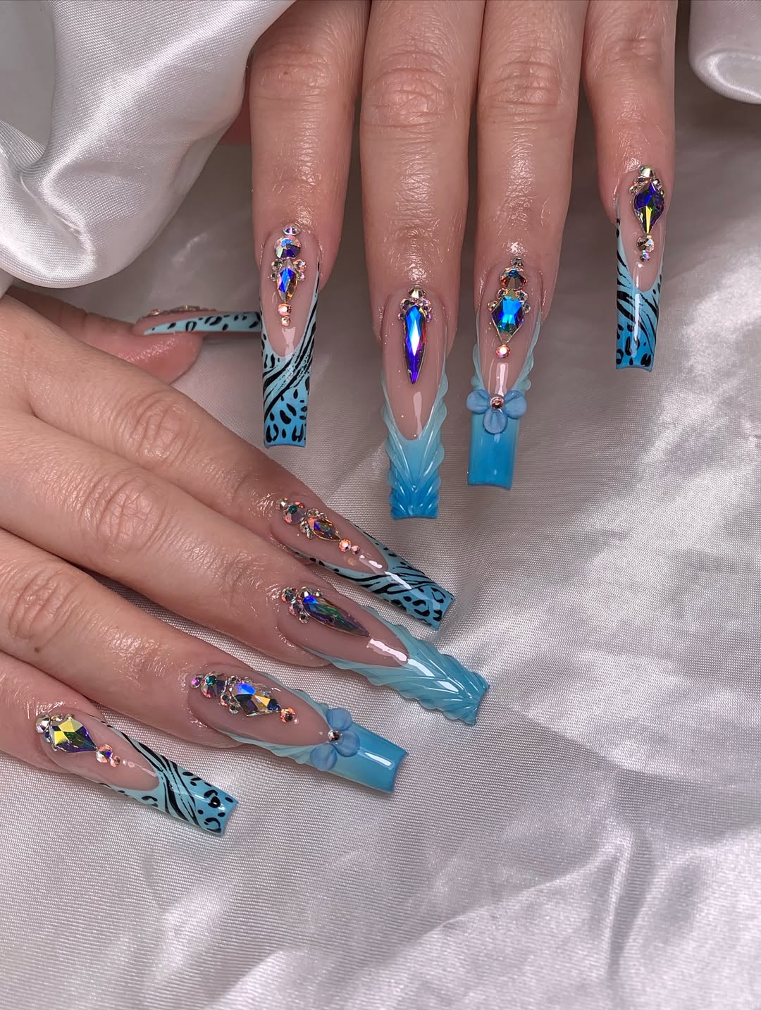 Long Square Nails with Animal Print and Crystals