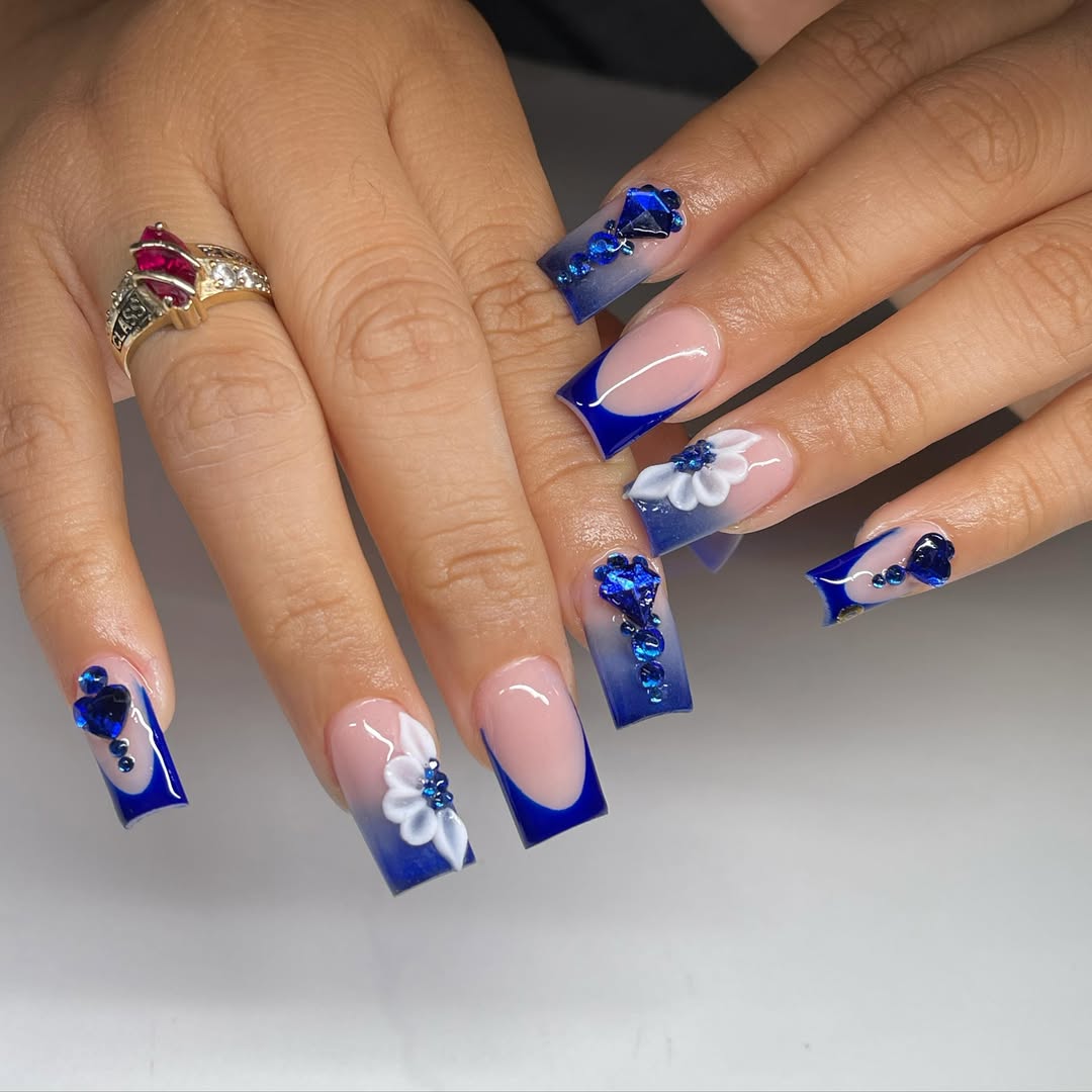 Long Square Royal Blue Bling Nails with Flowers