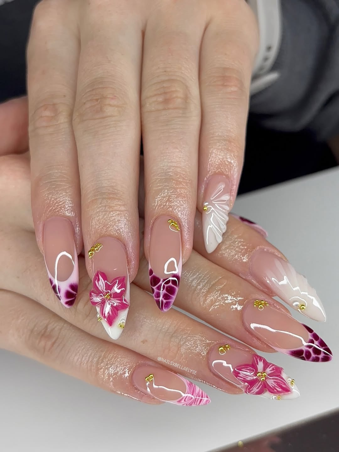 Magenta Animal Print and Floral Nails