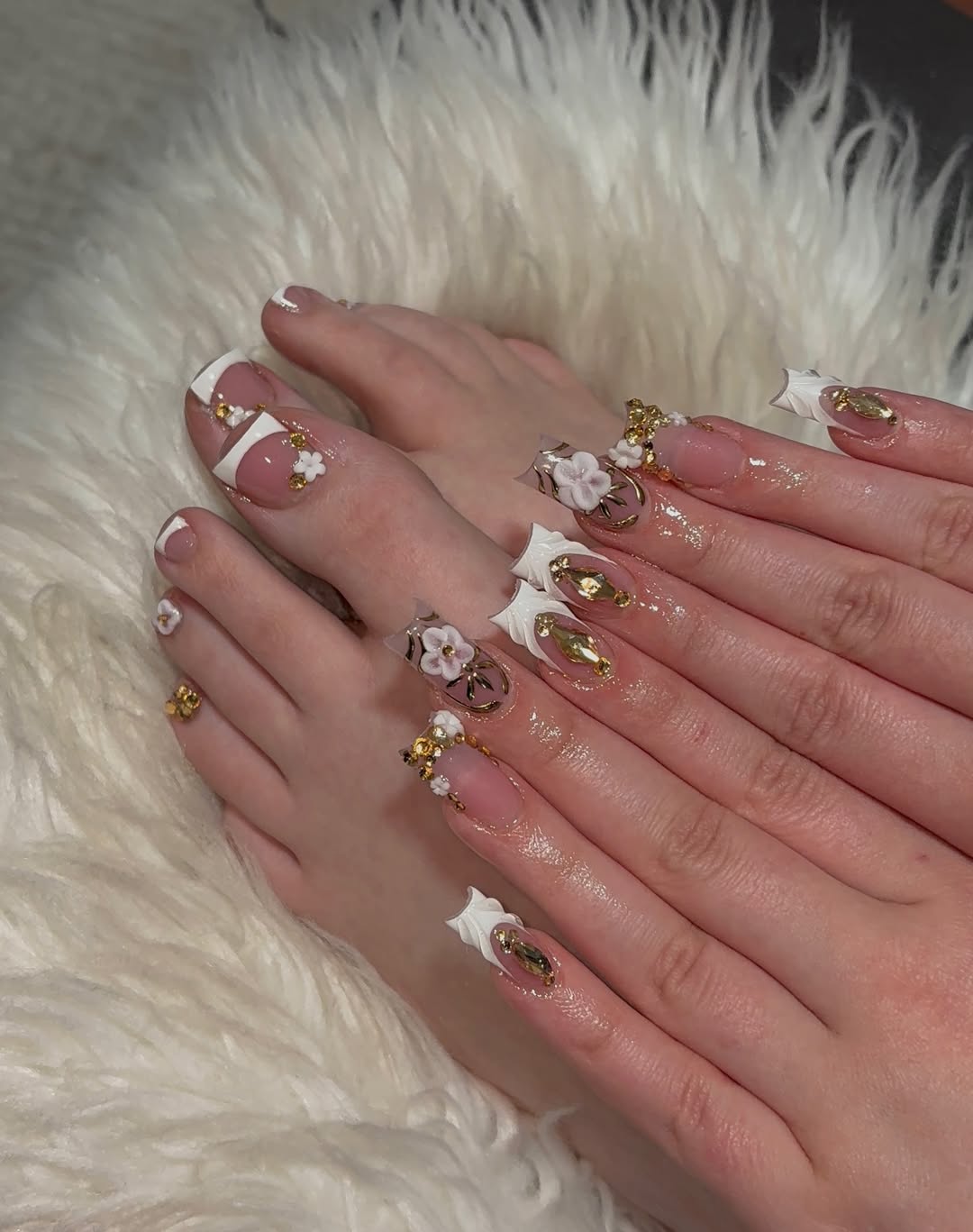 Matching Gold and White Floral Mani Pedi