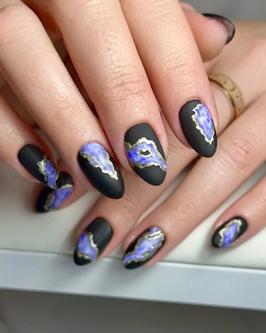 Matte Black And Purple Amethyst Geode Nails
