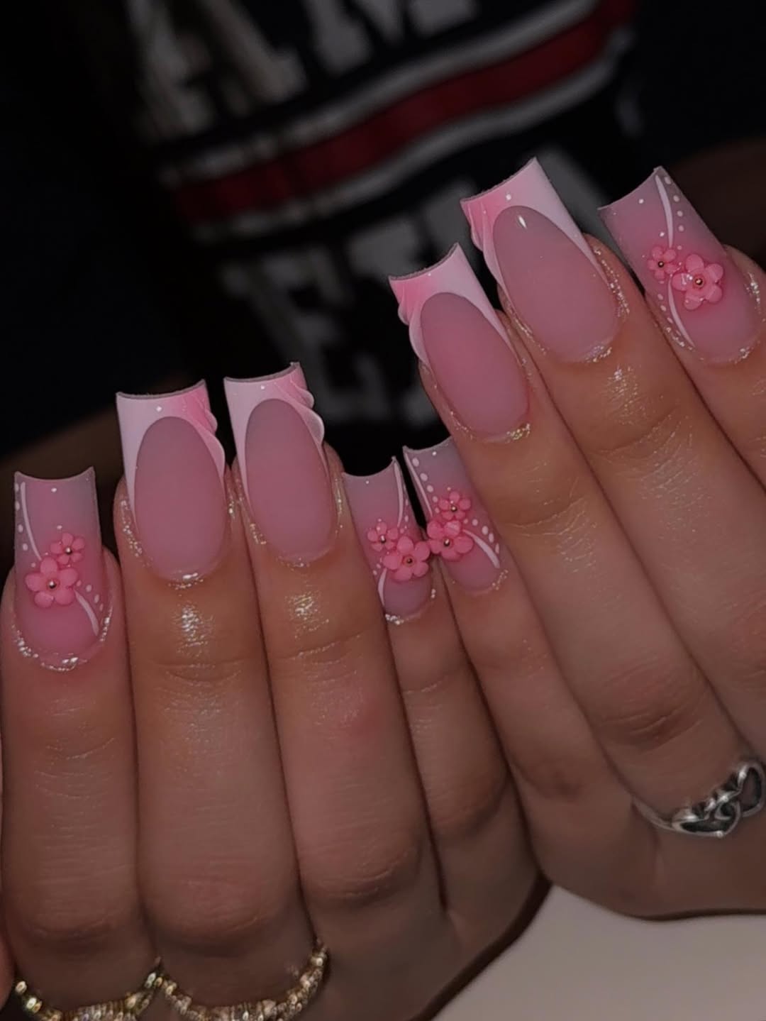Matte Pink and White Floral Square Nails