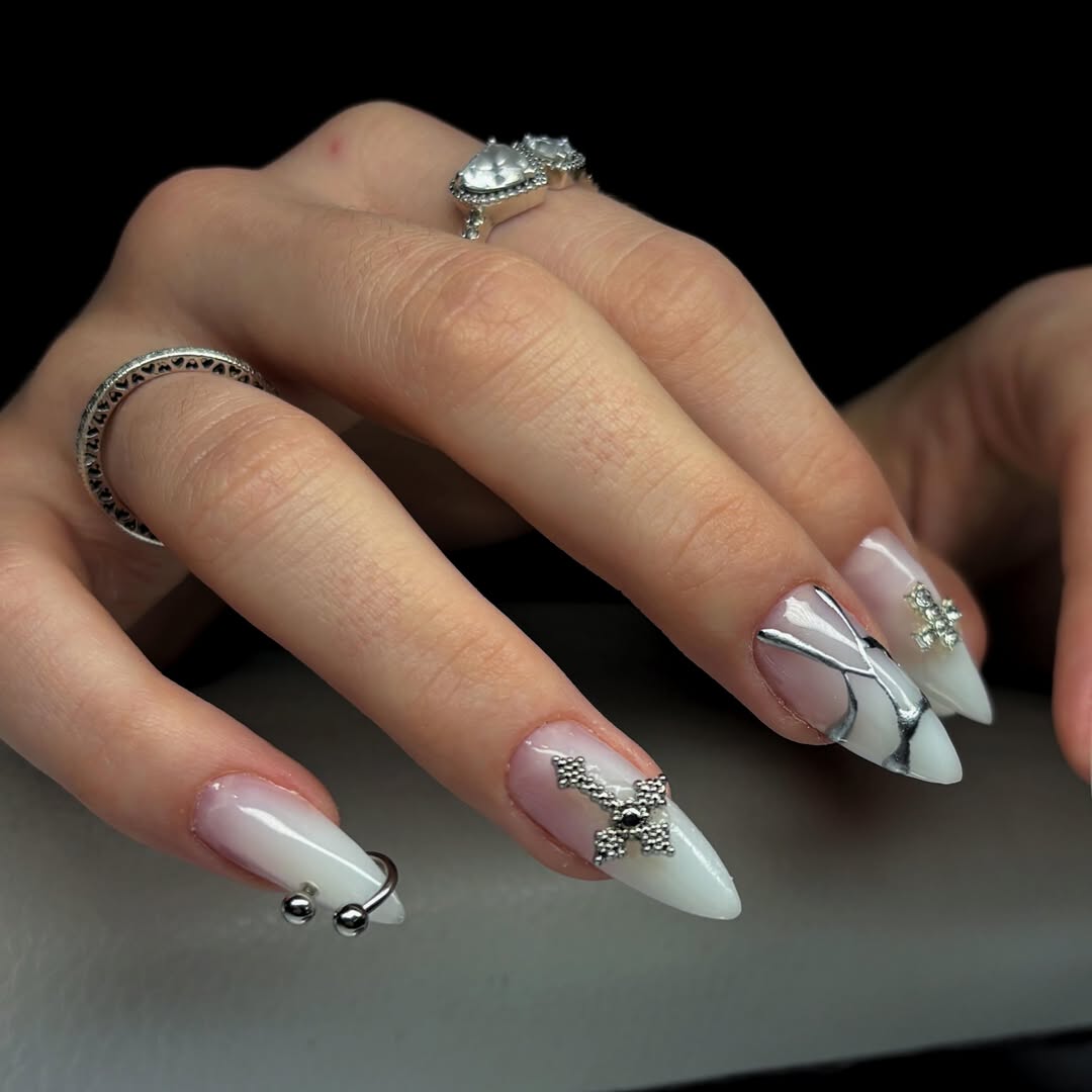 Milky White and Silver Charm Nails