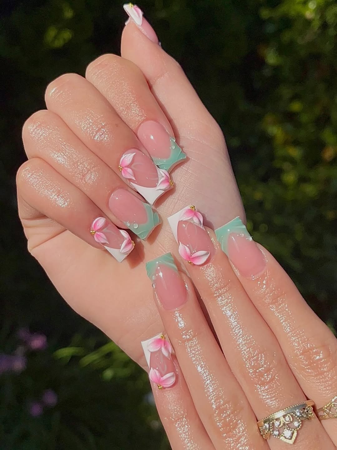 Mint Green and White Floral Square Nails