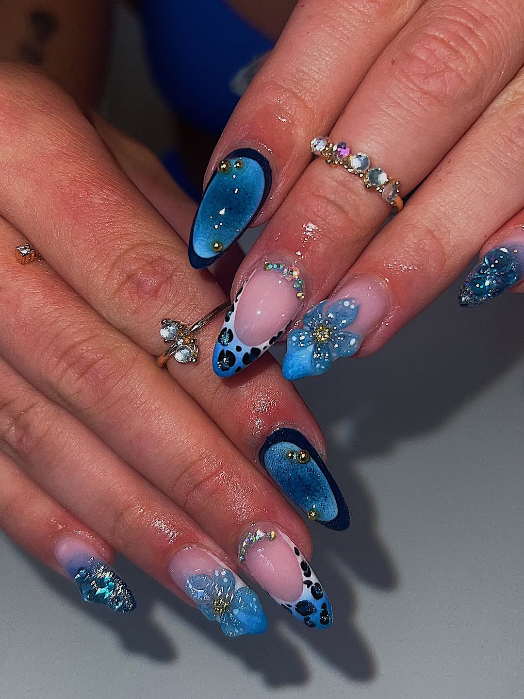 Mixed Blue Leopard Print and 3D Flowers