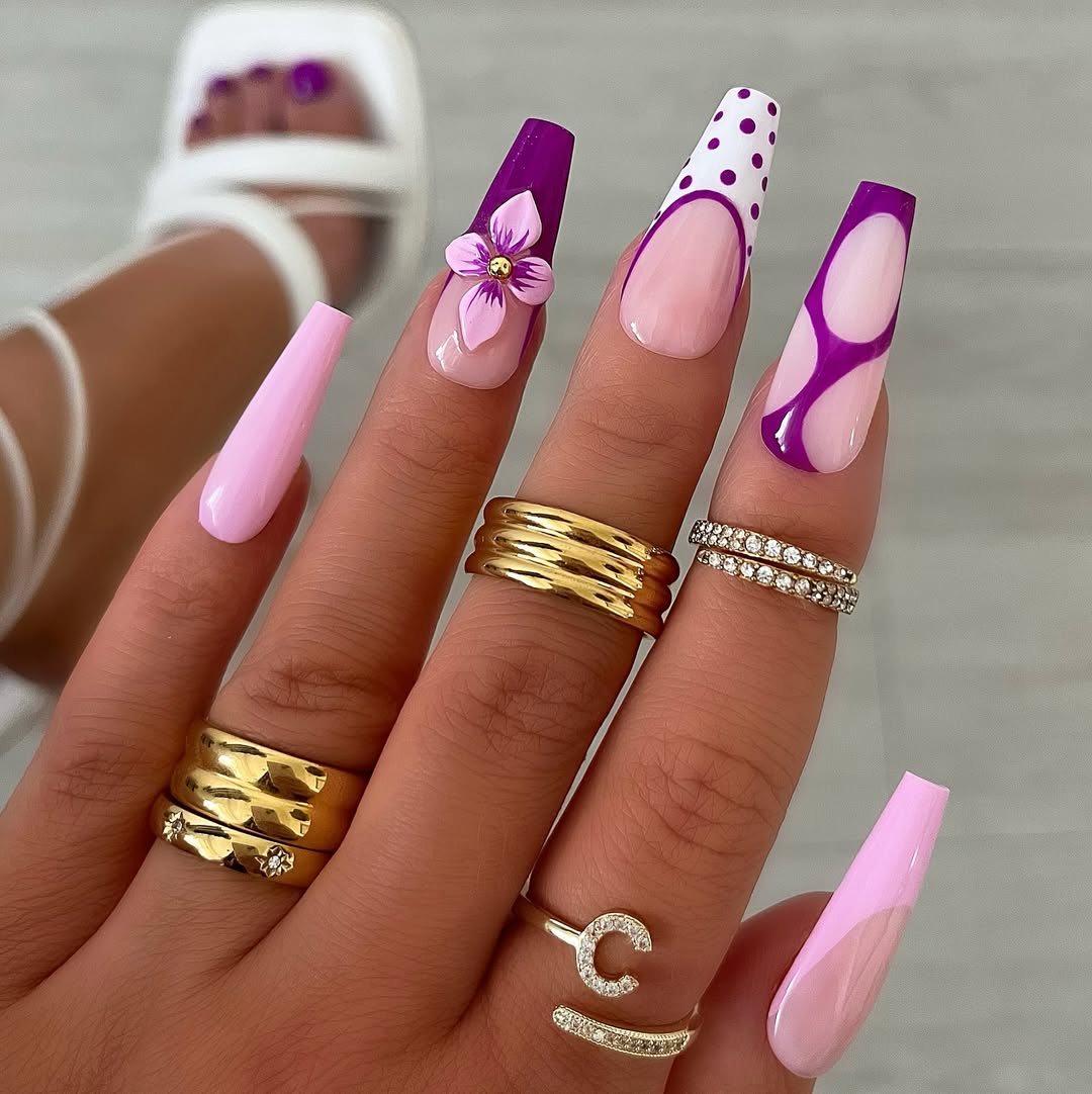 Mixed Purple And Pink Patterned Coffin Nails