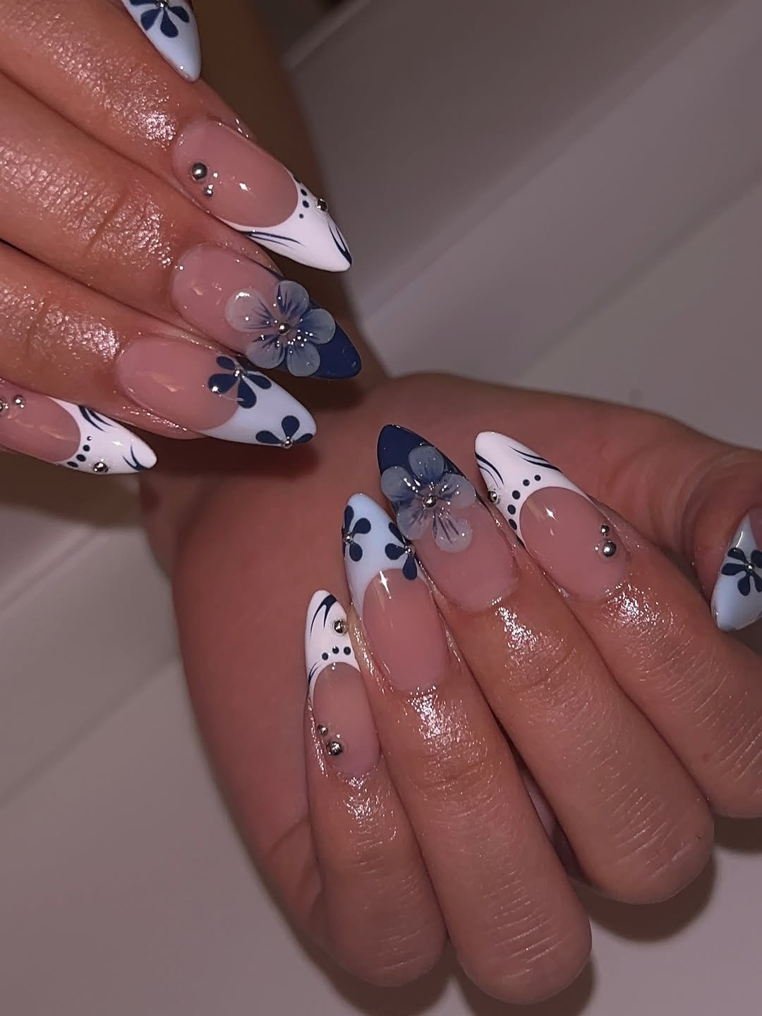 Navy Blue and White Floral Nails