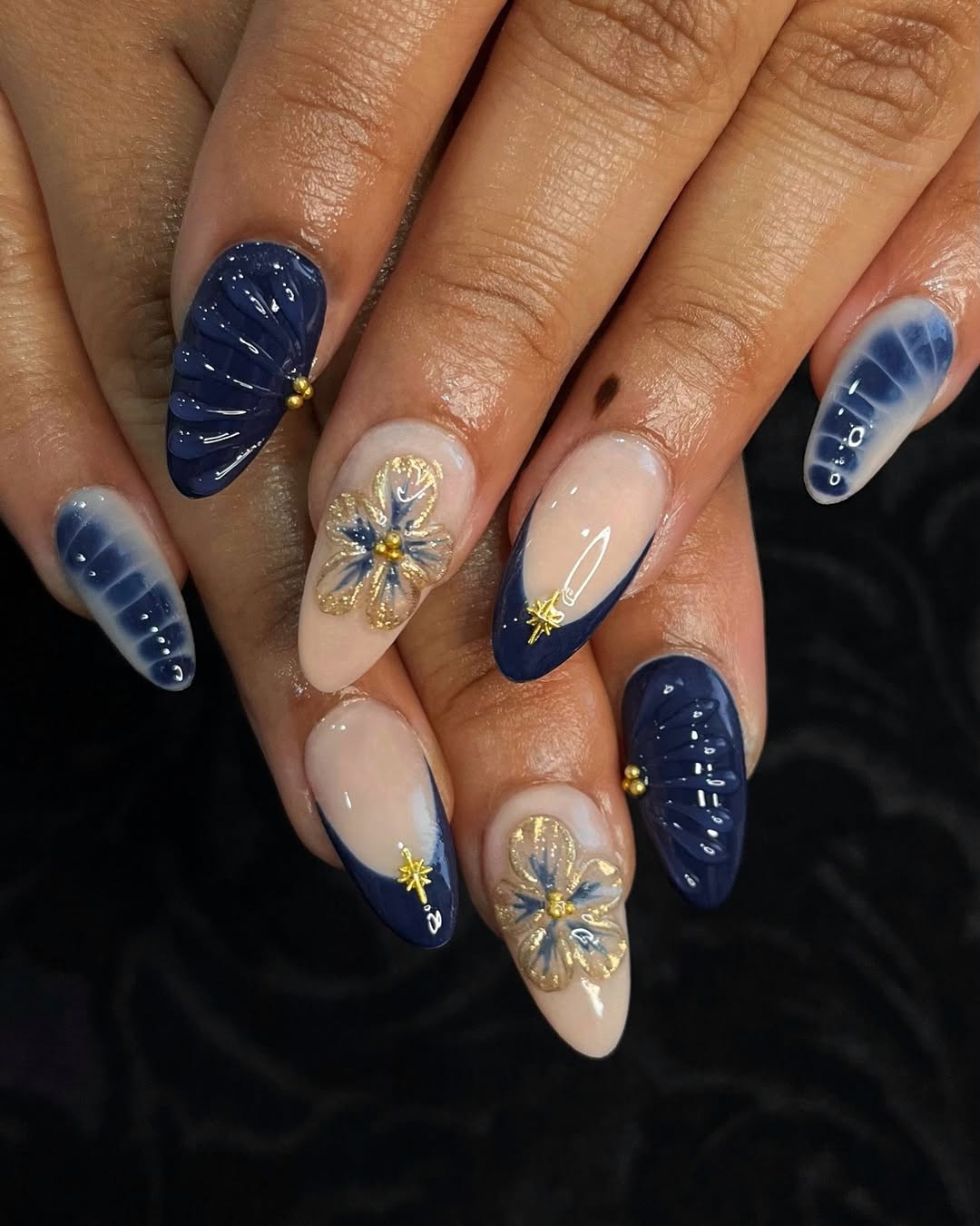 Navy Chrome and Gold Floral