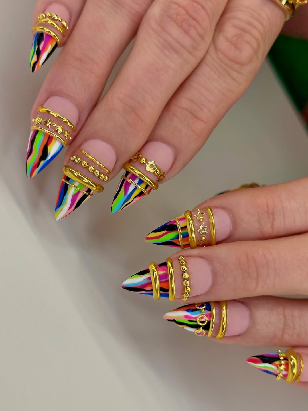 Neon Abstract Stripes And Gold Jewelry