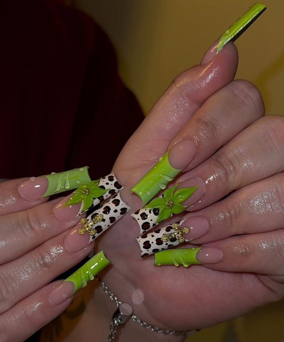 Neon Green and Leopard Print Square Nails