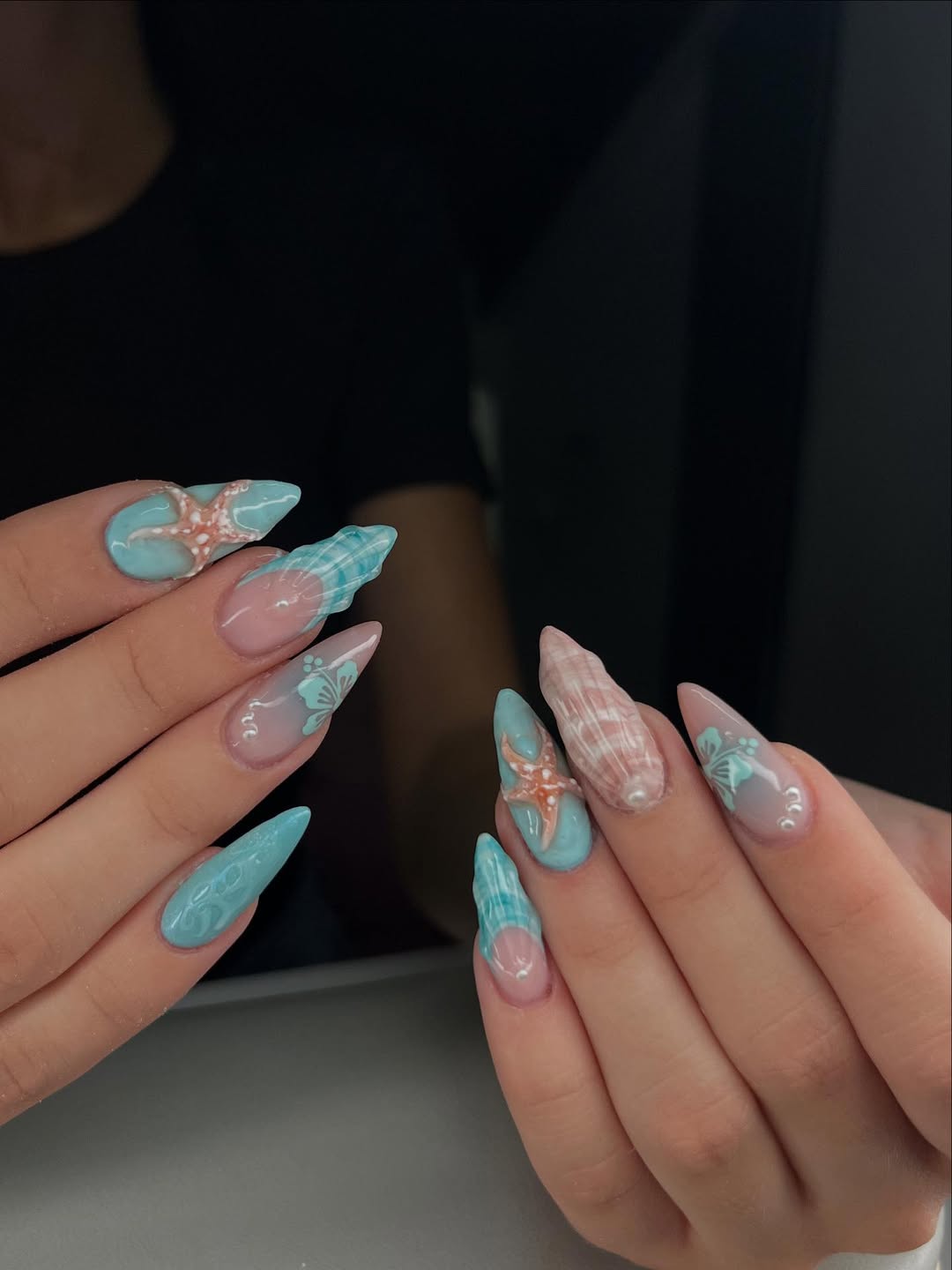 Ocean Inspired Almond Nails with Starfish
